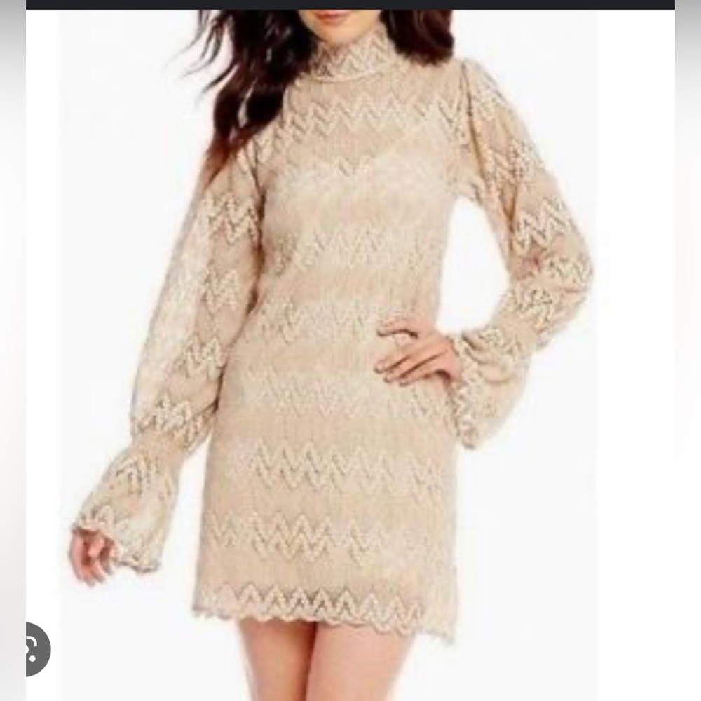 Free People Simone Sheer Nude Lace Dress Bell Sleeve Boho